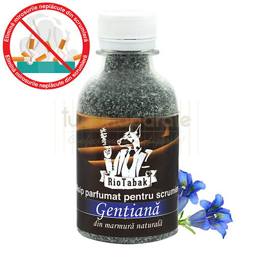 Recipient cu 200 grame de nisip parfumat pentru scrumiere cu aroma de planta medicinala gentiana marca RioTabak Gentiana